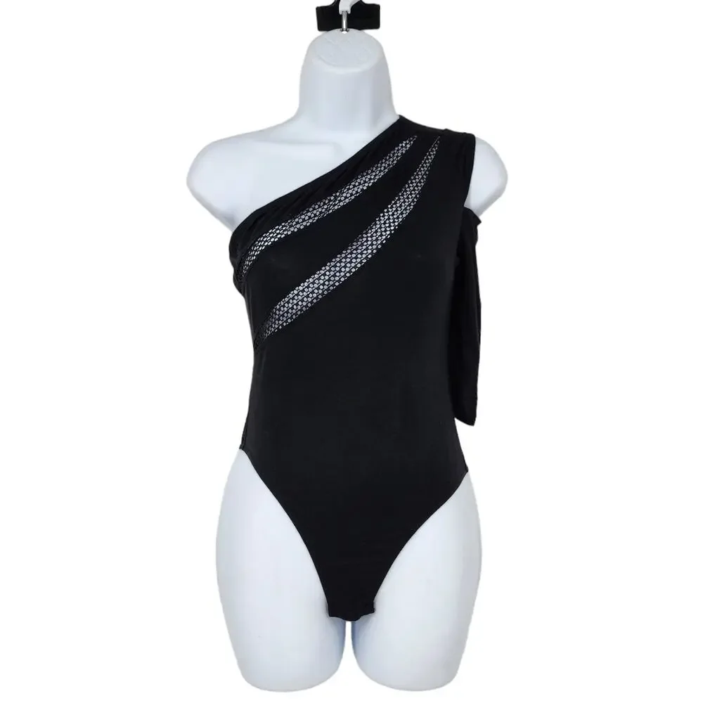 Hauty Black Mesh Detail One Shoulder Cold Shoulder Thong Bodysuit Size XS